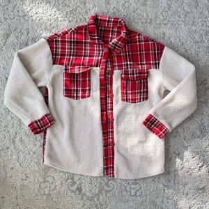 SHEIN Cream and Red Plaid Teddy Jacket